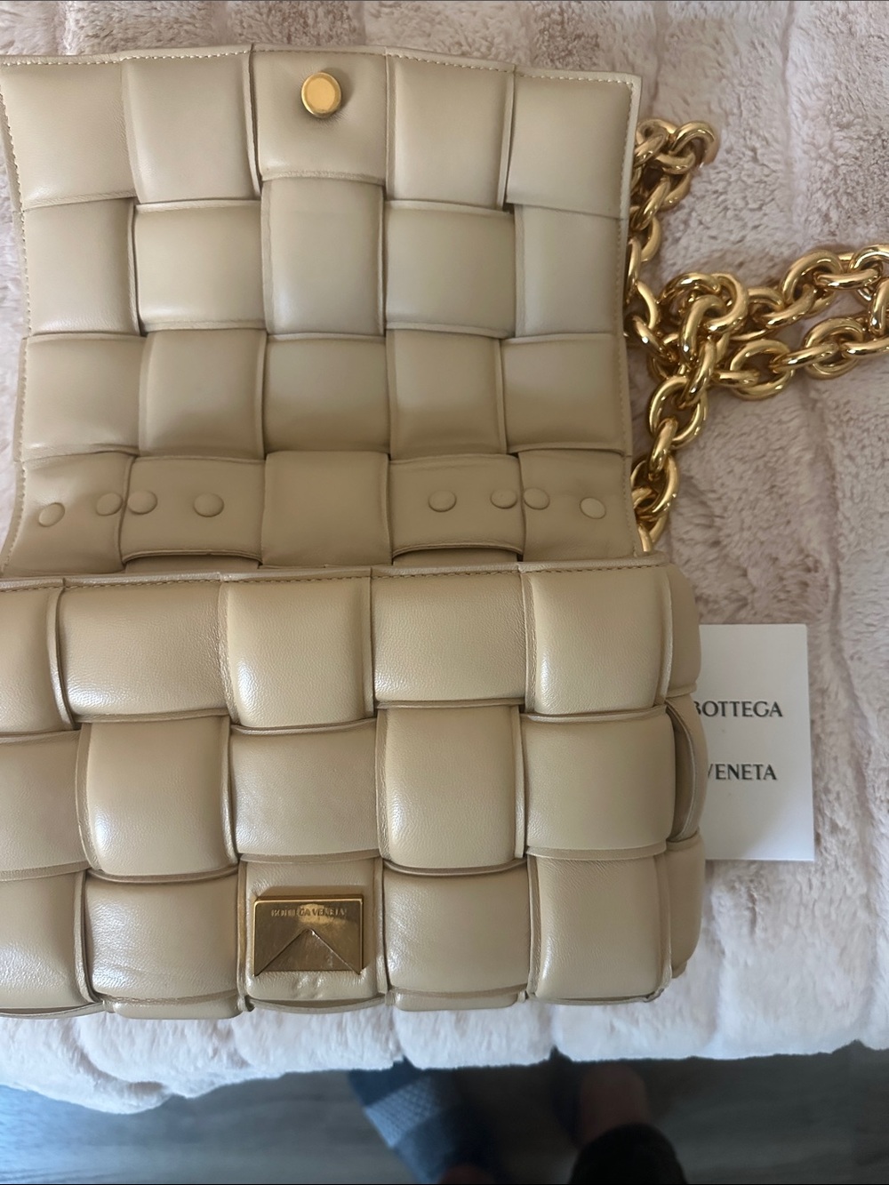 Bottega Veneta Padded Weave Shoulder Bag in Cream with Gold Chain